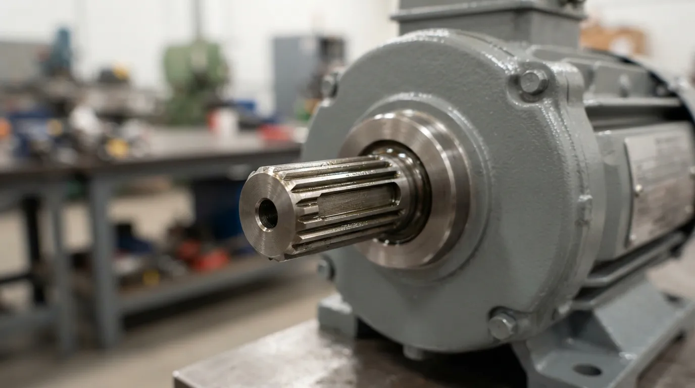 Gefräste Stahlwelle mit Quergang und Verzahnungen an einem neuen Industrie-Elektromotor.