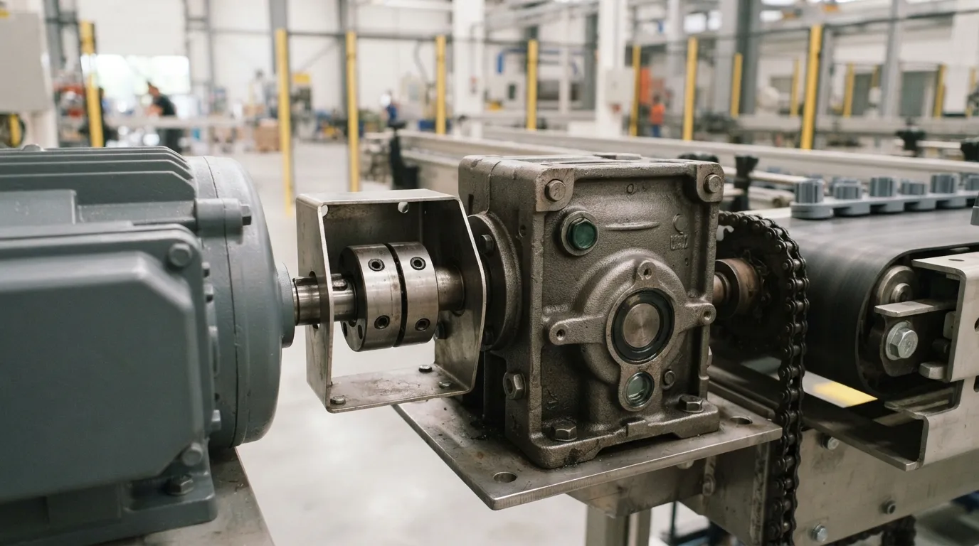 Elektromotor mit Schraubgetriebe, angeschlossen an einen Förderbandantrieb, Nahaufnahme der Ausgangswelle.