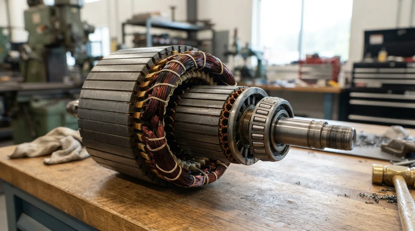 Nahaufnahme eines Elektromotorrotors und Stators mit Kupferwicklungen und laminiertem Stahlkern.