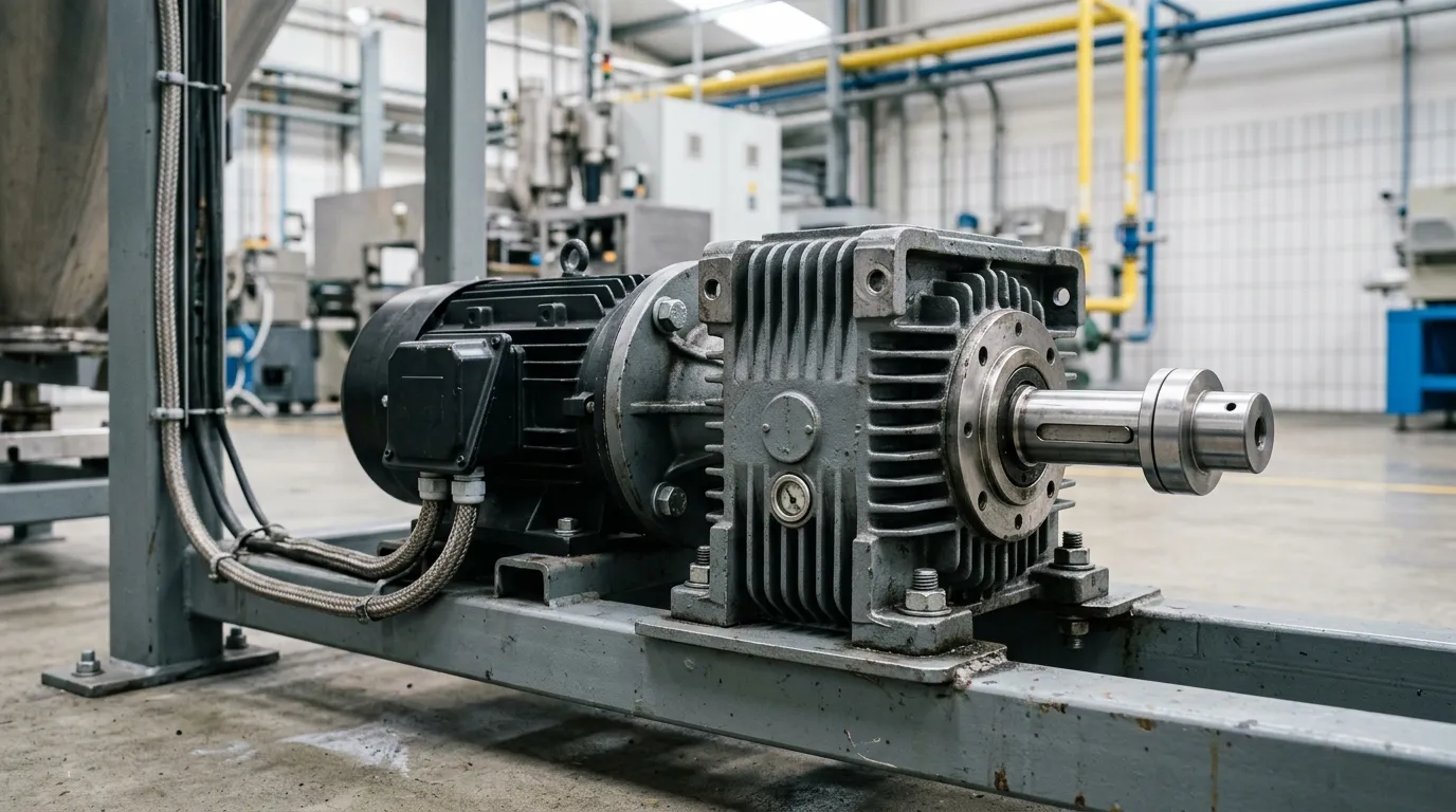 Ein schraubenförmiger Getriebemotor, der auf einem Stahlrahmen in einer Fabrik montiert ist, Darstellung des Motors und des Getriebegehäuses.