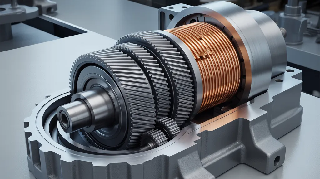 Durchschnittsansicht eines industriellen Helixgetriebemotors mit internen Motorwicklungen und Untersetzungsstufen.