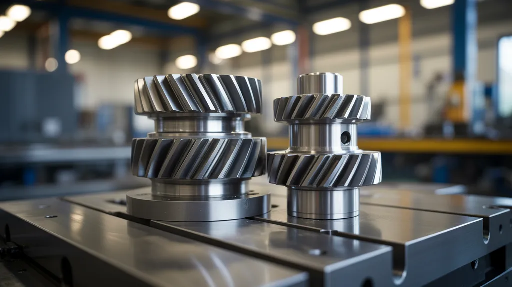 Gefräste Helixstahlzahnräder neben einem Getriebegehäuse auf einem CNC-Maschinentisch