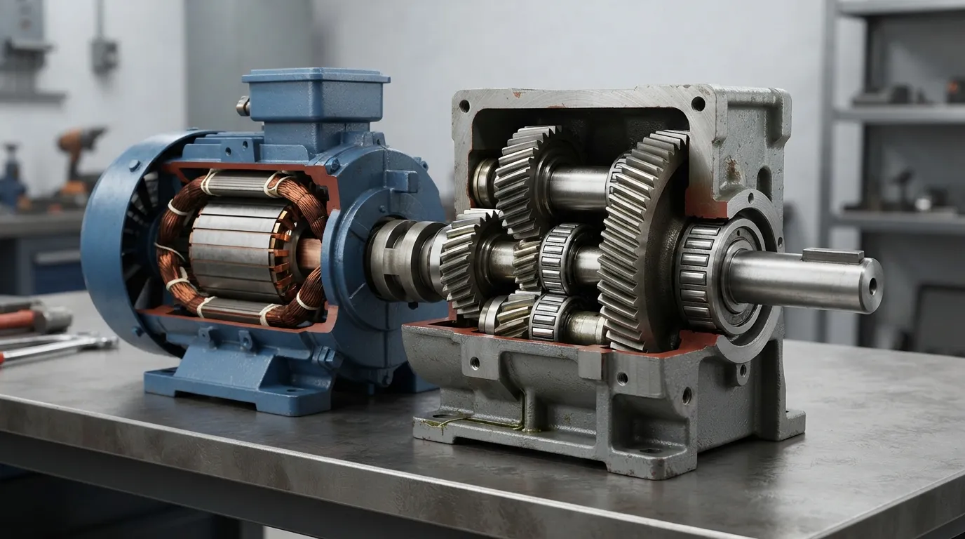 Abgeschnittener Industriegetriebemotor mit einem Elektromotor, Innenzahnräder und Ausgangswelle