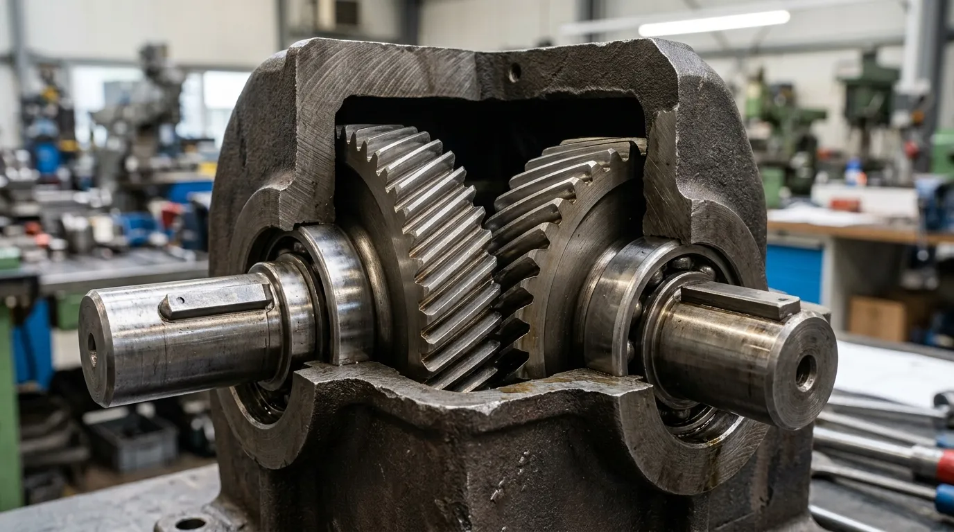 Querschnittansicht der eingreifenden spiralförmigen Stahlzahnräder in einem gusseisernen Getriebegehäuse.