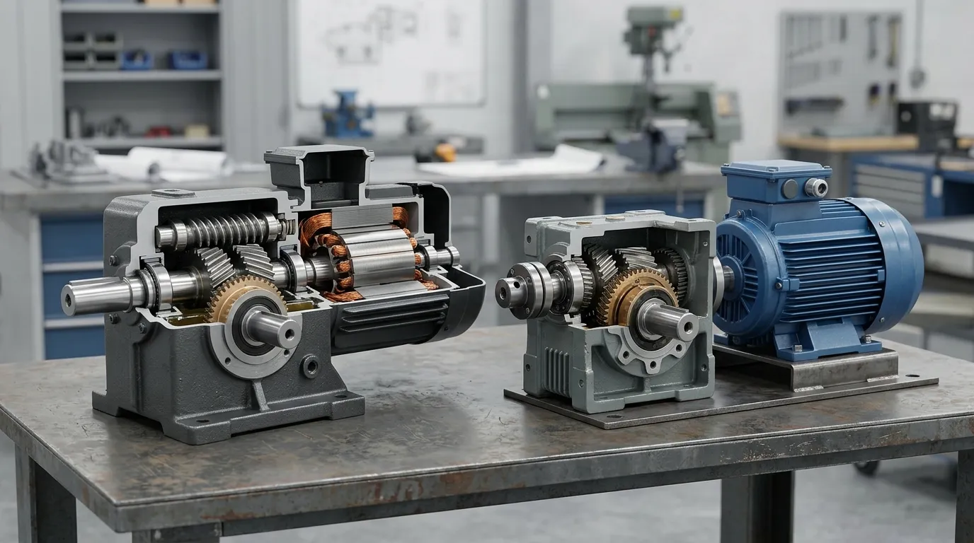 Integrierter Getriebemotor neben einem separaten Motor und einem Industriegetriebe zu sehen